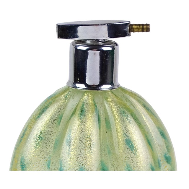 Mid-Century Modern Murano Seguso Gold Flecks Teal Dot Pattern Vintage Italian Art Glass Perfume Atomizer Bottle For Sale - Image 3 of 9