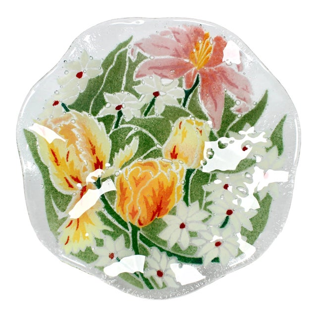 Fused Art Glass Plate With Yellow Tulips and White Daisies