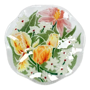Fused Art Glass Plate With Yellow Tulips and White Daisies by Peggy Karr
