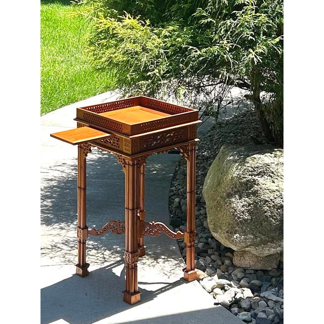 Wood 20th Century, Chinese Chippendale, Mahogany, Occasional Table, Lamp, Side/Tea Service, W/Sliding Drawer, Fretwork, and a Finial, 1970 For Sale - Image 7 of 12