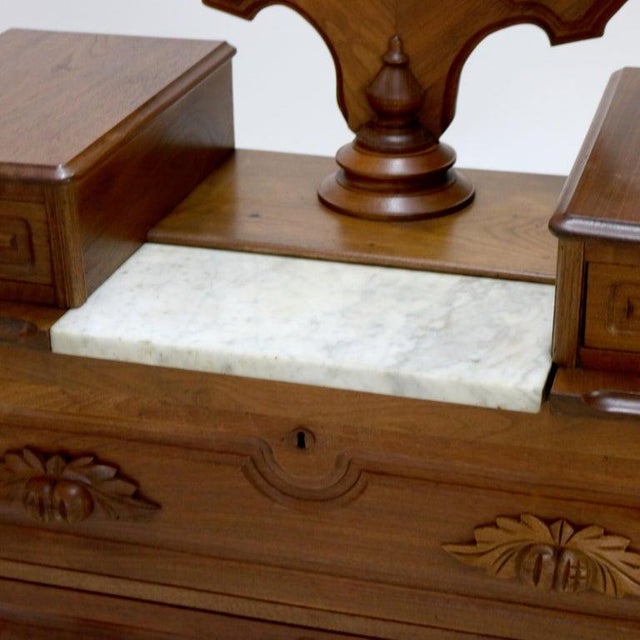 Brown Antique Victorian Carved Walnut Marble Top Dresser With Mirror Circa 1890 For Sale - Image 8 of 15