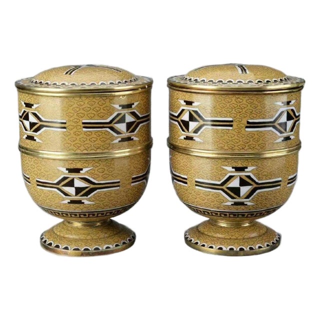 Pair of Vintage Cloisonné Enamel Trophy-Form Lidded Jars / Tea Caddies For Sale