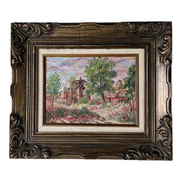 70's Vintage Impressionist Old Town Village Landscape Oil Painting, Framed For Sale