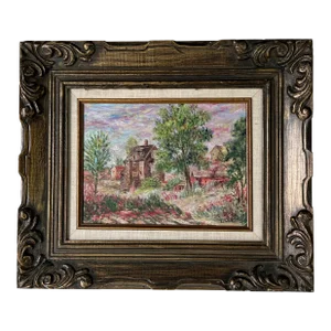 70's Vintage Impressionist Old Town Village Landscape Oil Painting, Framed