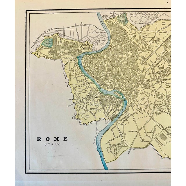 Original engraving by Cram from Cram's Unrivaled Atlas of the World, 1889. Highlights street layouts, parks, the Tiber...