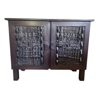 Vintage Hand-Carved African Wooden Cabinet, 1990s For Sale