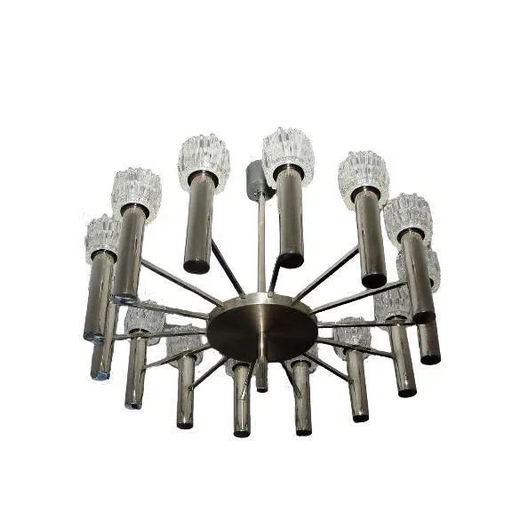Chandelier Design Scolari, 70s. It was made of chromed brass and requires 12 E14 bulbs dimensions: height 53m width 65cm...