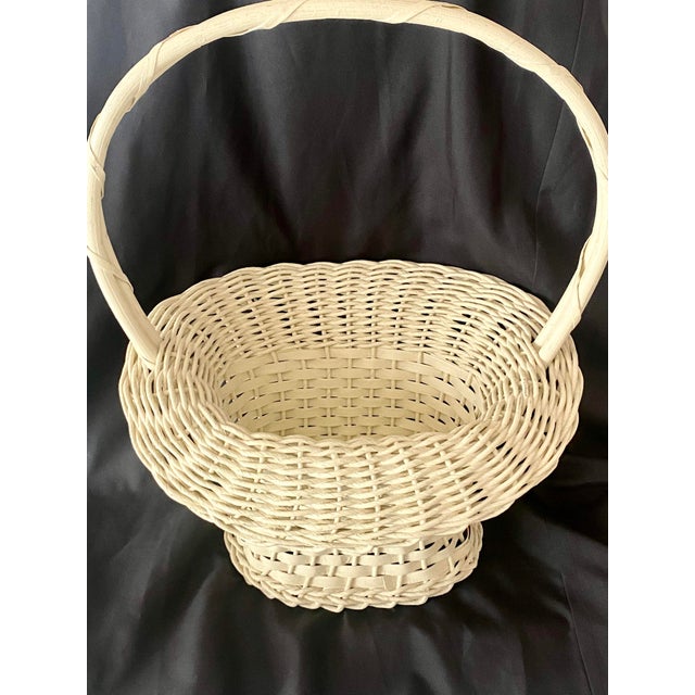 Hand Woven Vintage Uniquely Shaped Basket With Wood Bottom and Handle. For Sale - Image 14 of 14