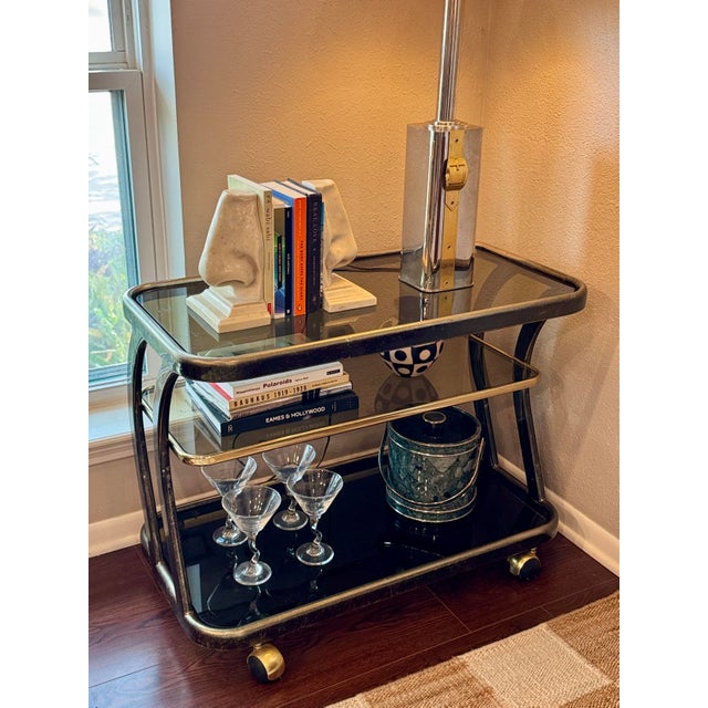 Stunning Vintage Bar Cart, Circa 1970s, Featuring a Solid Brass Frame and Smoked Glass Shelves For Sale - Image 9 of 11