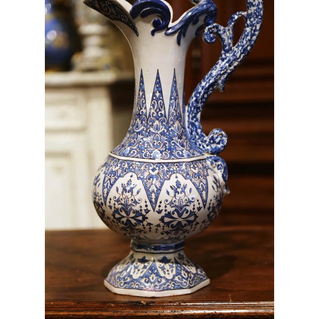 19th Century French Hand Painted Blue and White Faience Ewer Signed Hr Quimper For Sale - Image 4 of 12