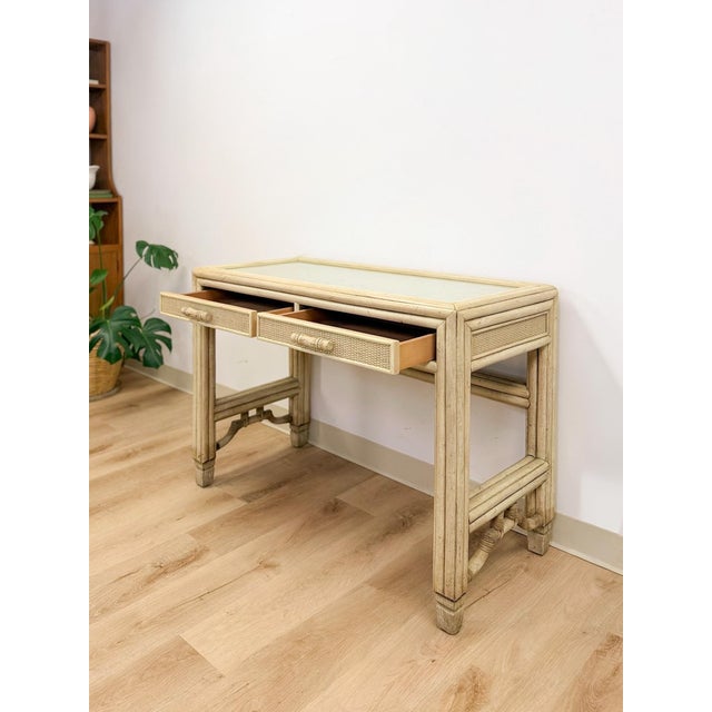 Mid 20th Century Vintage Ficks Reed Style Faux Bamboo Petite Desk With Drawers Wicker Coastal MCM For Sale - Image 5 of 13