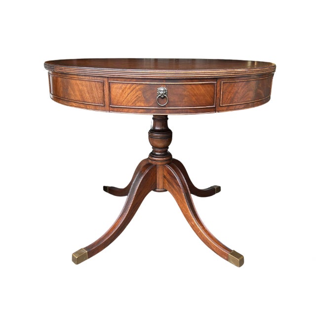Early 20th Century Regency Style Mahogany Drum Table With Tooled Leather Top & Lion Head Brass Pulls – Pedestal Base Library Table For Sale - Image 6 of 7