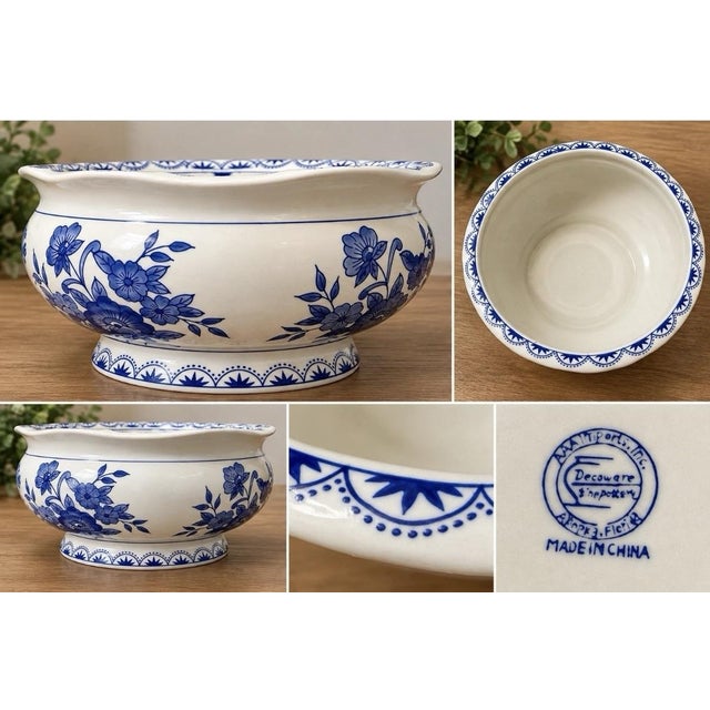 Large Vintage 12” Blue & White Floral Ceramic Bowl Scalloped Rim Chinoiserie For Sale - Image 4 of 4