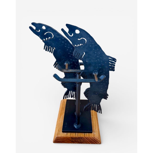Signed Charles Ringer Kinetic Dual Trout / Salmon Cut Steel Brutalist Fish Sculpture Wood Base 1994 For Sale - Image 12 of 12