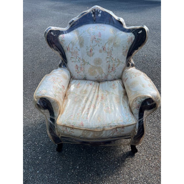 1980s Victorian Revival Sofa and Accent Chair, Ornate Carved Mahogany Frame, Floral Upholstery For Sale - Image 4 of 5