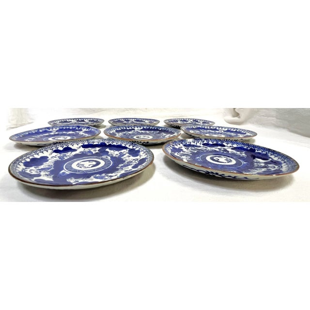 Early 20th Century Antique Asian Design Porcelain Blue and White Plates- Set of 8 For Sale - Image 5 of 12