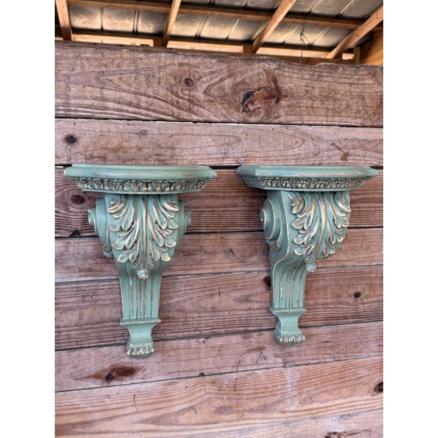 Pair of Carved Acanthus Wall Bracket Shelves / Corbels in Distressed Green Finish For Sale - Image 12 of 12