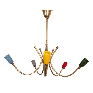 Vintage 5-Arm Sputnik Chandelier in Brass and Multicoloured Ceramic, United Kingdom, 1950s For Sale