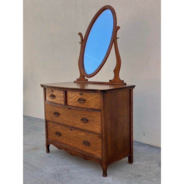 Victorian Antique Tiger Oak Four Drawer Dresser W/ Mirror For Sale - Image 3 of 5