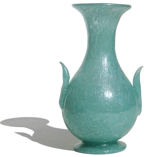 Beautiful and rare, antique Murano hand blown soft teal green Italian art glass flower vase, with applied handles...