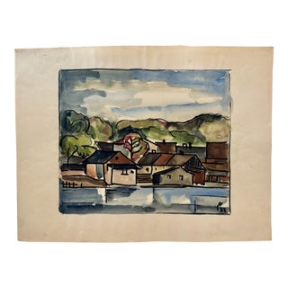 Henry Emil Salloch Original Watercolor on Paper Expressionist Waterfront Village, 1932. For Sale