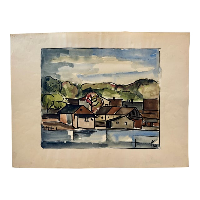 Henry Emil Salloch Original Watercolor on Paper Expressionist Waterfront Village, 1932. For Sale