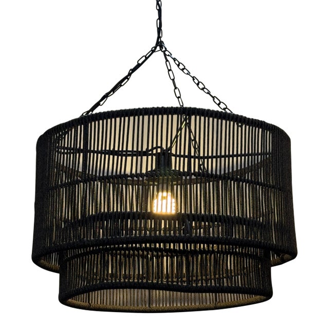 Palecek Tanner Matte Black Outdoor Drum Pendant For Sale