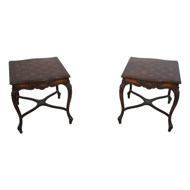 1970s Pair French Louis XV Walnut Parquet Top Lamp Tables For Sale