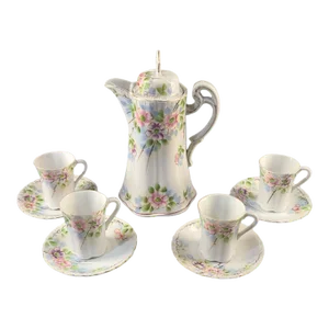 Vintage Nippon Hand-Painted Floral Apple Blossoms Chocolate Tea Set- 9 Pieces