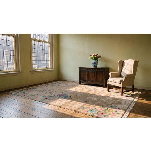 1920s Tan Sand Vase Floral Antique Chinese Art Deco Carpet 8'9" X 11'4" Knotted Wool Rug For Sale - Image 17 of 18