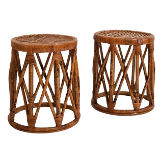 Cylindrical Rattan Stools, 1960s, Set of 2 For Sale