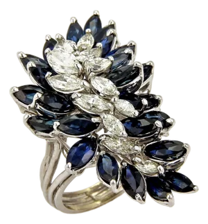 Marquise Diamond & Sapphire 18k White Gold Long Finger Cluster Ring - Size 5