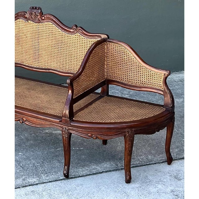 Vintage Carved Wood and Cane Settee For Sale - Image 12 of 12