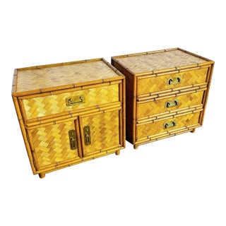 Boho Chic Faux Bamboo & Herringbone Nightstands/Side Tables - Set of 2 For Sale