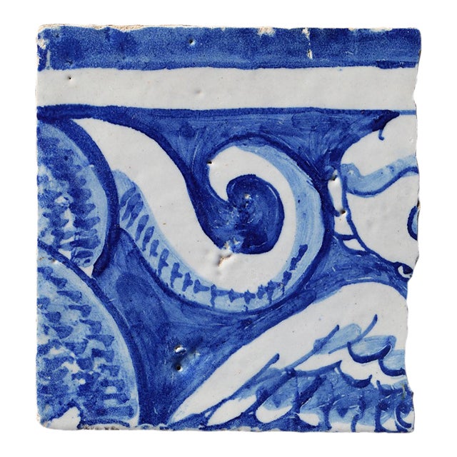 18th Century Portuguese Tile Angel Wing Fragment Blue & White Antique Hand Painted For Sale