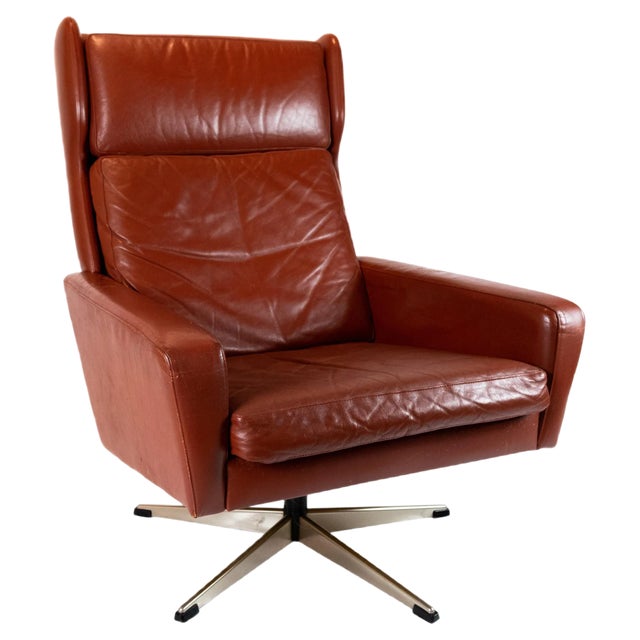 Danish Red Brown Leather Easy Chair, 1960s For Sale