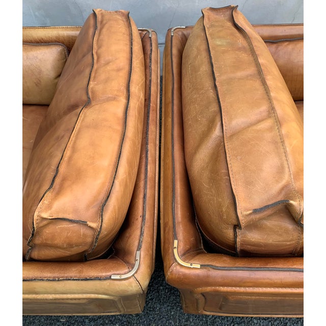 Pair Large-Scale French 1970s Cognac Saddle Leather Armchairs For Sale - Image 11 of 18