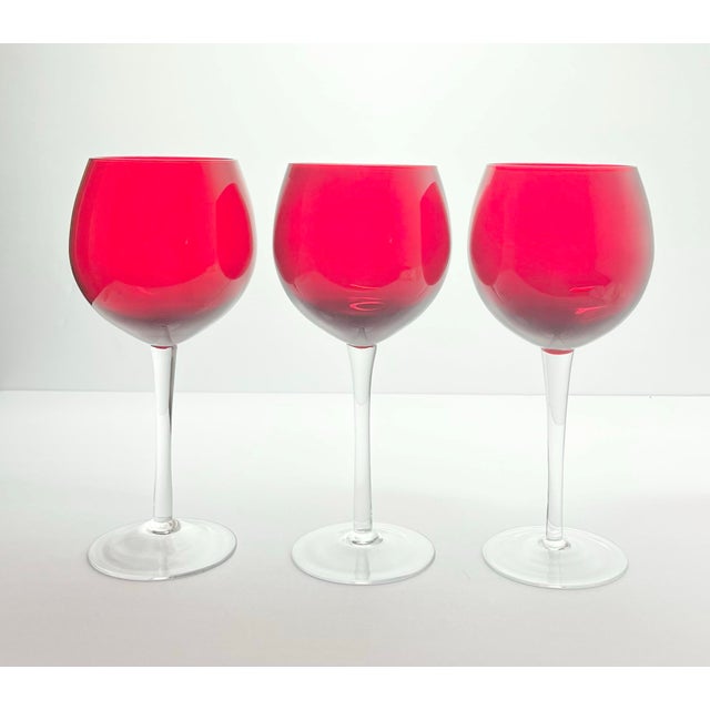 Set of 3 Ruby Red Large Balloon Wine Glasses 8 3/4” 14oz Excellent condition. No chips, cracks, or fleabites. Height 8...