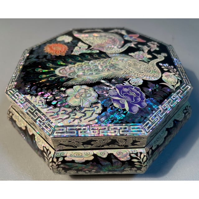 Abalone Inlaid Box With Mother of Pearl Inlay Octagon Shape Peacocks Peonies by Skilled Korean Craftsman Mint Condition For Sale - Image 4 of 6