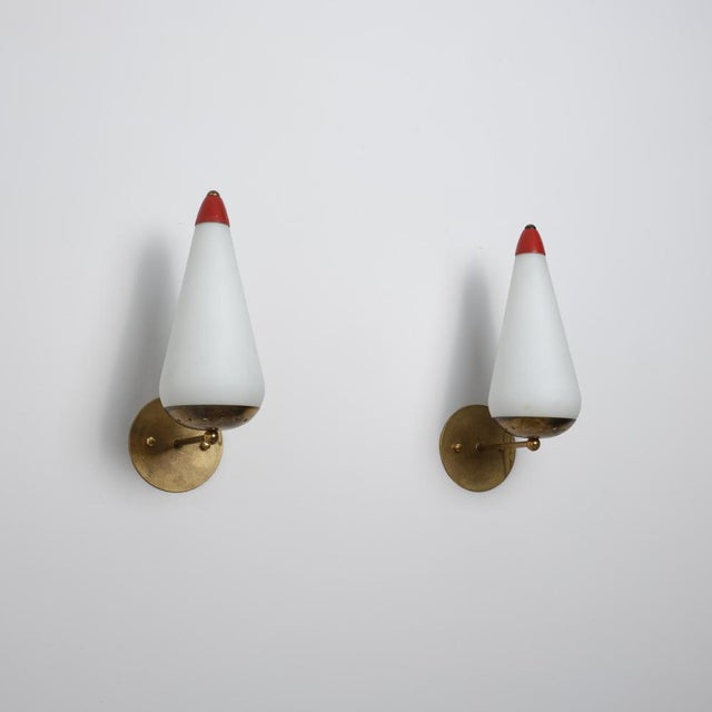 Large Italian Wall Sconces in Brass, Red Metal and Opaline Glass, 1950s, Set of 2 For Sale - Image 15 of 15