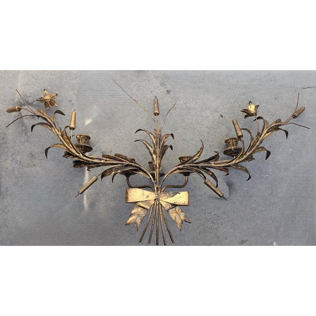 Metal Vintage Hollywood Regency Brass Italian Toleware Candelabra Wall Sconce For Sale - Image 7 of 9