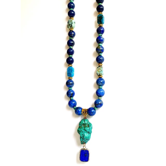 One-of-a-Kind Lapis Lazuli & Turquoise Statement Necklace | Vintage Turquoise Pendant | Artisan Bohemian Luxury Jewelry For Sale - Image 11 of 17