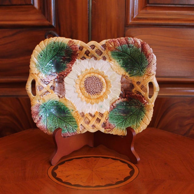 Sunflower and Begonia Leaf English Majolica Serving Dish For Sale - Image 4 of 12