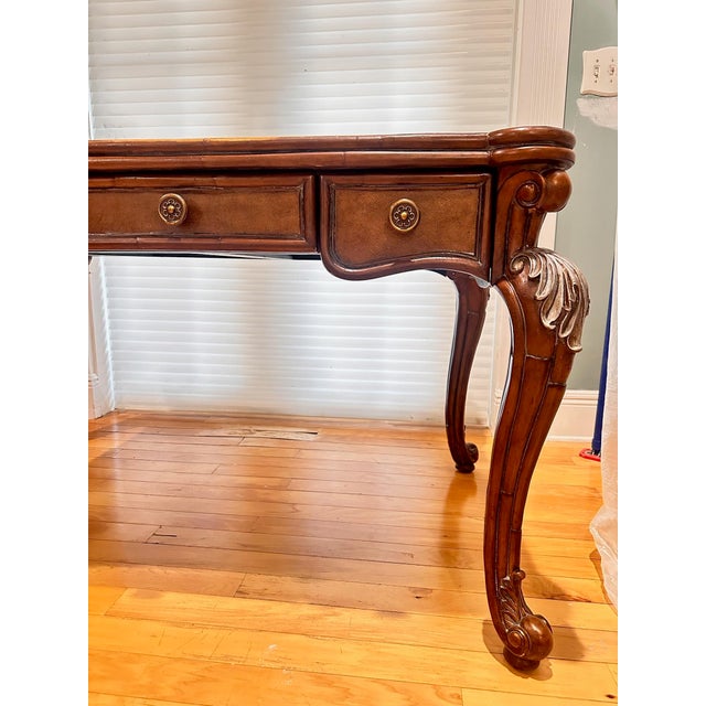 Late 20th Century Traditional Carved Wood Executive Desk With Leather Top & Marble Inlay For Sale - Image 11 of 11