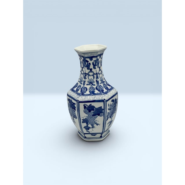 Ceramic Vintage Chinoiserie Blue & White Hexagonal Porcelain Vase – Hand Painted Floral Panels For Sale - Image 7 of 8