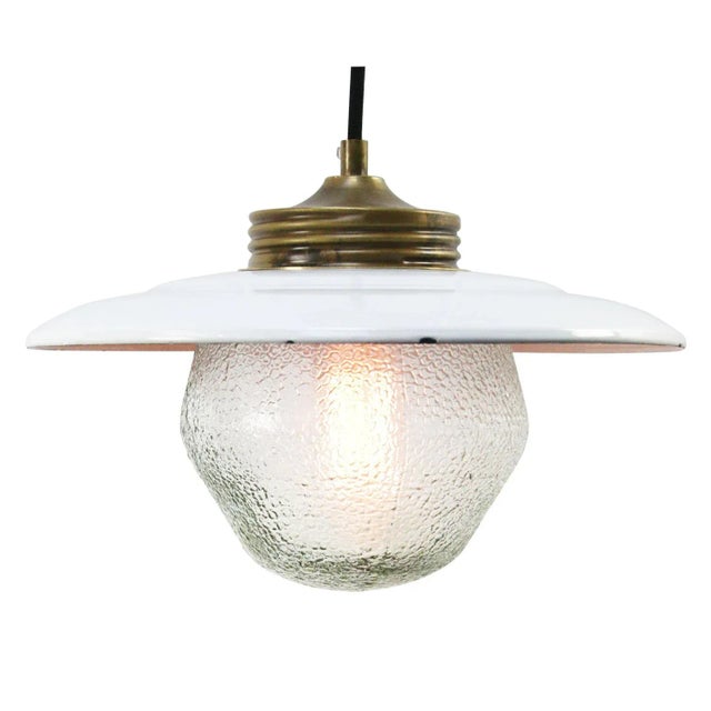 Metal Vintage Brass, White Enamel & Frosted Glass Pendant Lights For Sale - Image 7 of 7