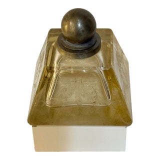 Antique Art Deco Frosted Glass Inkwell With Pewter Orb Lid For Sale
