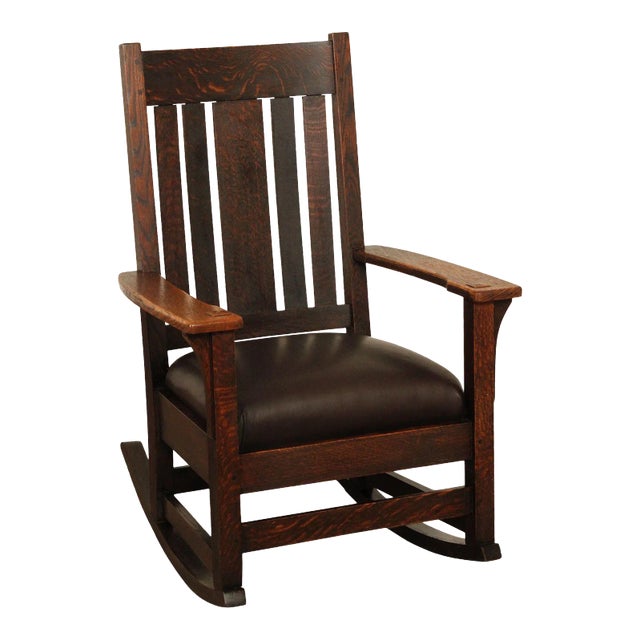 Antique Mission Oak and Leather Rocker For Sale
