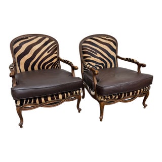Massoud “Titus”Style Zebra Print Hide and Leather Bergere Chairs - a Pair For Sale