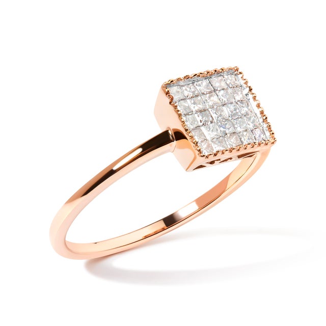 Contemporary 10K Rose Gold 1/3 Cttw Invisible Set Princess Cut Diamond Composite Square Shape Ring for Women (H-I color, I1-I2 clarity) - Size 5 For Sale - Image 3 of 7